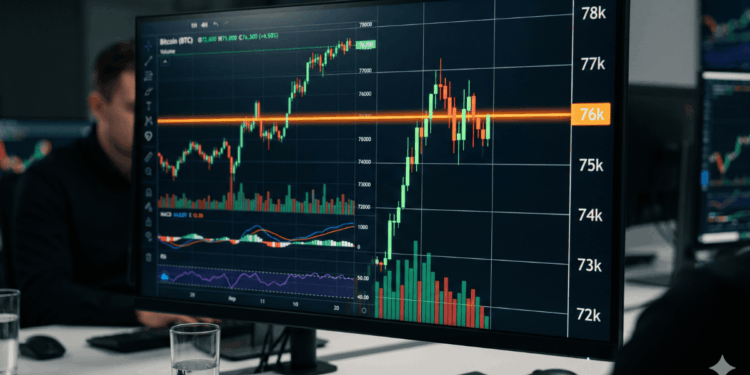 Precio de bitcoin chocando con resistencia de 76k, en un monitor de computadora.