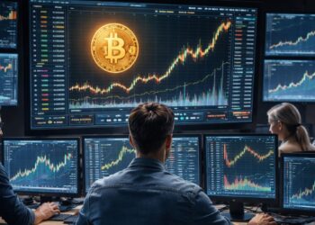 Traders monitoreando múltiples pantallas con gráficos de precio de bitcoin en una sala de trading profesional.