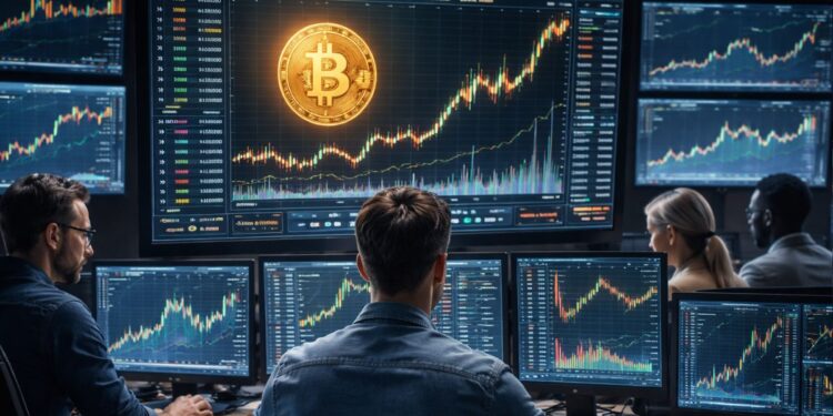 Traders monitoreando múltiples pantallas con gráficos de precio de bitcoin en una sala de trading profesional.