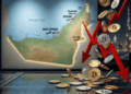 En primer plano, monedas de bitcoin cayendo y flechas rojas descendentes. En el fondo, un mapa de Emiratos Árabes Unidos.