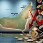En primer plano, monedas de bitcoin cayendo y flechas rojas descendentes. En el fondo, un mapa de Emiratos Árabes Unidos.