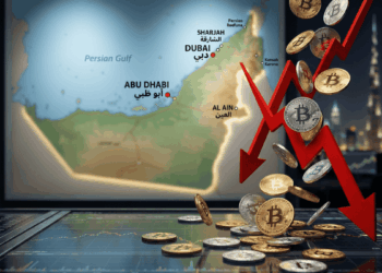 En primer plano, monedas de bitcoin cayendo y flechas rojas descendentes. En el fondo, un mapa de Emiratos Árabes Unidos.