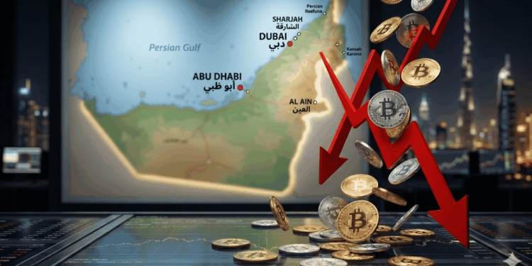 En primer plano, monedas de bitcoin cayendo y flechas rojas descendentes. En el fondo, un mapa de Emiratos Árabes Unidos.