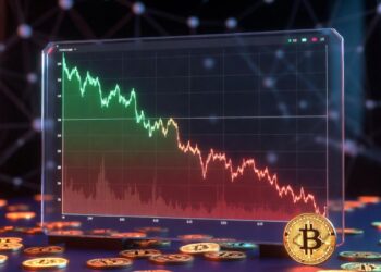 Gráfico de precios de velas rojas y verdes junto a una moneda física de bitcoin.