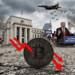 En primer plano: una moneda de bitcoin con flechas rojas descendentes. En el fondo: imรกgenes genรฉricas de guerra en Irรกn, el edificio de la FED, y el presidente Donald Trump.