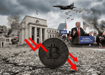 En primer plano: una moneda de bitcoin con flechas rojas descendentes. En el fondo: imágenes genéricas de guerra en Irán, el edificio de la FED, y el presidente Donald Trump.