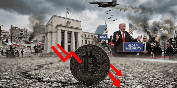 En primer plano: una moneda de bitcoin con flechas rojas descendentes. En el fondo: imágenes genéricas de guerra en Irán, el edificio de la FED, y el presidente Donald Trump.