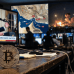 Moneda de Bitcoin en primer plano con fondo desenfocado que muestra al presidente Trump, un mapa del estrecho de Ormuz y ataques aéreos en Irán. Concepto de volatilidad de criptomonedas ante conflictos geopolíticos y noticias internacionales de última hora.