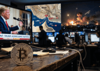 Moneda de Bitcoin en primer plano con fondo desenfocado que muestra al presidente Trump, un mapa del estrecho de Ormuz y ataques aéreos en Irán. Concepto de volatilidad de criptomonedas ante conflictos geopolíticos y noticias internacionales de última hora.