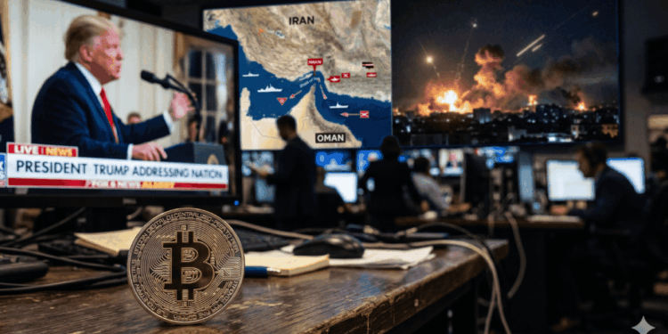 Moneda de Bitcoin en primer plano con fondo desenfocado que muestra al presidente Trump, un mapa del estrecho de Ormuz y ataques aéreos en Irán. Concepto de volatilidad de criptomonedas ante conflictos geopolíticos y noticias internacionales de última hora.