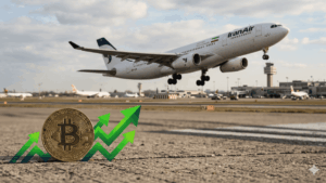 En primer plano, una moneda fรญsica de bitcoin con flechas verdes ascendentes. En el fondo, un aviรณn despegando, con bandera iranรญ.