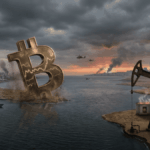 En el centro del encuadre, un monumento gigante de Bitcoin con grietas que parecen gráficos de mercado se hunde parcialmente en la arena de una costa árida bajo un cielo tormentoso. A la izquierda, se observa la costa de Irán con refinerías de petróleo y una bandera ondeando, mientras barcos de guerra y petroleros bloquean un estrecho marino. A la derecha, una bomba de extracción de petróleo trabaja frente a un horizonte donde se vislumbran edificios gubernamentales que evocan a Washington D.C. El ambiente general está marcado por el humo de explosiones lejanas, helicópteros militares en el aire y una luz de atardecer tensa, capturando la conexión directa entre el conflicto bélico, la crisis energética y la volatilidad financiera.