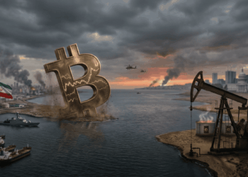 En el centro del encuadre, un monumento gigante de Bitcoin con grietas que parecen gráficos de mercado se hunde parcialmente en la arena de una costa árida bajo un cielo tormentoso. A la izquierda, se observa la costa de Irán con refinerías de petróleo y una bandera ondeando, mientras barcos de guerra y petroleros bloquean un estrecho marino. A la derecha, una bomba de extracción de petróleo trabaja frente a un horizonte donde se vislumbran edificios gubernamentales que evocan a Washington D.C. El ambiente general está marcado por el humo de explosiones lejanas, helicópteros militares en el aire y una luz de atardecer tensa, capturando la conexión directa entre el conflicto bélico, la crisis energética y la volatilidad financiera.