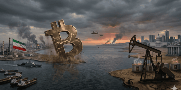 En el centro del encuadre, un monumento gigante de Bitcoin con grietas que parecen gráficos de mercado se hunde parcialmente en la arena de una costa árida bajo un cielo tormentoso. A la izquierda, se observa la costa de Irán con refinerías de petróleo y una bandera ondeando, mientras barcos de guerra y petroleros bloquean un estrecho marino. A la derecha, una bomba de extracción de petróleo trabaja frente a un horizonte donde se vislumbran edificios gubernamentales que evocan a Washington D.C. El ambiente general está marcado por el humo de explosiones lejanas, helicópteros militares en el aire y una luz de atardecer tensa, capturando la conexión directa entre el conflicto bélico, la crisis energética y la volatilidad financiera.