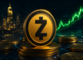 Moneda de Zcash frente a grรกfico alcista iluminado en entorno digital financiero futurista.