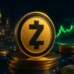 Moneda de Zcash frente a gráfico alcista iluminado en entorno digital financiero futurista.