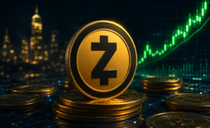 Moneda de Zcash frente a grรกfico alcista iluminado en entorno digital financiero futurista.