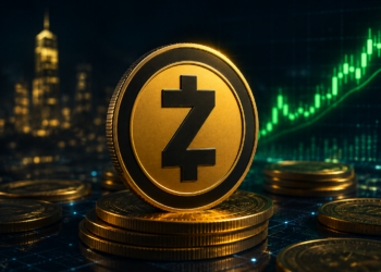 Moneda de Zcash frente a gráfico alcista iluminado en entorno digital financiero futurista.