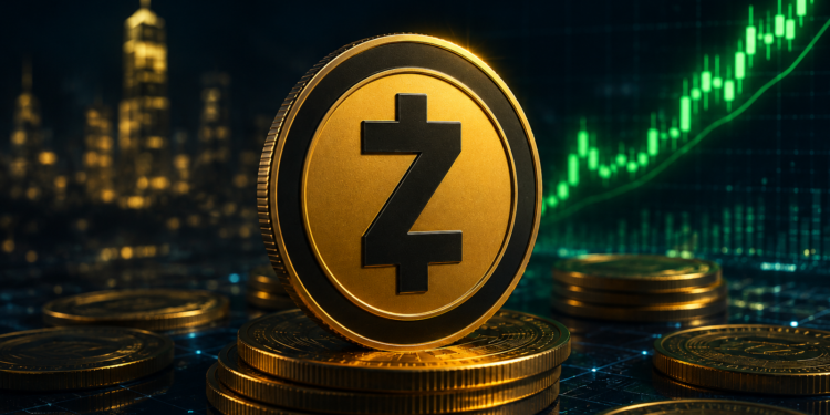 Moneda de Zcash frente a gráfico alcista iluminado en entorno digital financiero futurista.