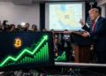 A la izquierda, un monitor que muestra al precio de bitcoin subiendo. A la derecha, el presidente Trump dando un discurso.
