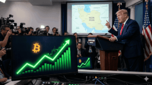 A la izquierda, un monitor que muestra al precio de bitcoin subiendo. A la derecha, el presidente Trump dando un discurso.
