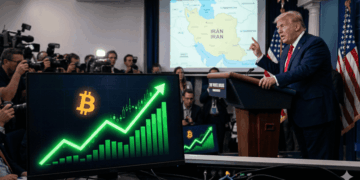 A la izquierda, un monitor que muestra al precio de bitcoin subiendo. A la derecha, el presidente Trump dando un discurso.