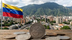Monedas que tienen grabado la frase "stablecoin venezolana", de fondo la bandera de Venezuela y la ciudad de Caracas.