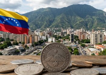 Monedas que tienen grabado la frase "stablecoin venezolana", de fondo la bandera de Venezuela y la ciudad de Caracas.