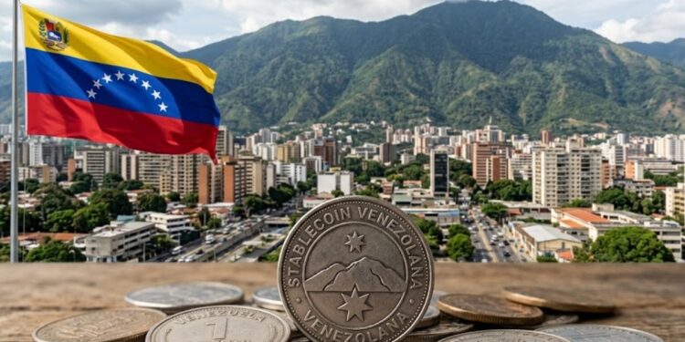 Monedas que tienen grabado la frase "stablecoin venezolana", de fondo la bandera de Venezuela y la ciudad de Caracas.