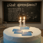 En primer plano, un pastel de cumpleaños con el logo de CriptoNoticias y velas encendidas formando el número 11. En el fondo, una pizarra en la que se lee "¿Qué aprendimos?"