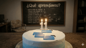 En primer plano, un pastel de cumpleaรฑos con el logo de CriptoNoticias y velas encendidas formando el nรบmero 11. En el fondo, una pizarra en la que se lee "ยฟQuรฉ aprendimos?"