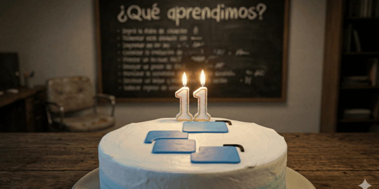 En primer plano, un pastel de cumpleaños con el logo de CriptoNoticias y velas encendidas formando el número 11. En el fondo, una pizarra en la que se lee "¿Qué aprendimos?"