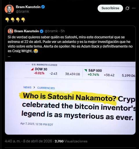 Un mensaje en X del influencer Bram Kanstein acerca de un nuevo documental sobre la identidad de Satoshi Nakamoto.