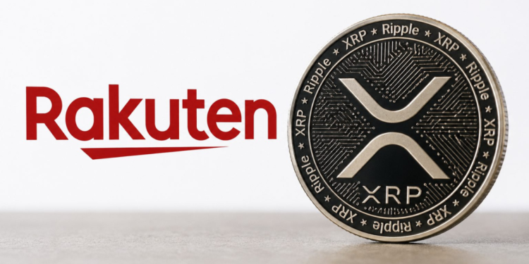 El logo de Rakuten junto a una moneda física de XRP.