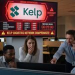 Una pantalla que muestra el logo de Kelp DAO, con señales de alarma y emergencia, y personas en una oficina preocupadas.