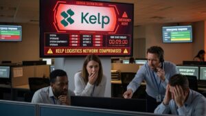 Una pantalla que muestra el logo de Kelp DAO, con señales de alarma y emergencia, y personas en una oficina preocupadas.