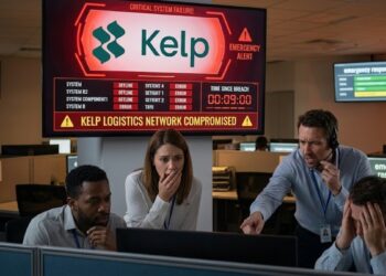 Una pantalla que muestra el logo de Kelp DAO, con señales de alarma y emergencia, y personas en una oficina preocupadas.