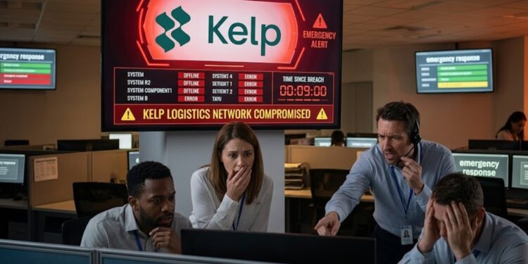 Una pantalla que muestra el logo de Kelp DAO, con señales de alarma y emergencia, y personas en una oficina preocupadas.