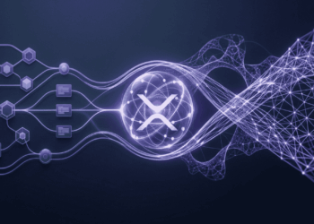 Imagen que muestra el paso de la criptografía actual a la criptografía postcuántica, con el logo de xrp en el medio.