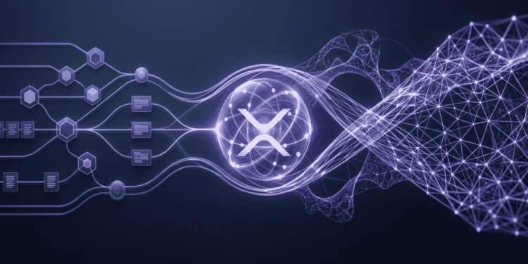 Imagen que muestra el paso de la criptografía actual a la criptografía postcuántica, con el logo de xrp en el medio.