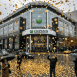Una lluvia de bitcoin cae sobre una sucursal de Sberbank.