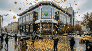 Una lluvia de bitcoin cae sobre una sucursal de Sberbank.