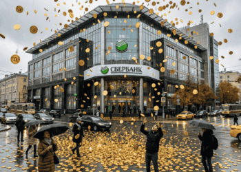 Una lluvia de bitcoin cae sobre una sucursal de Sberbank.