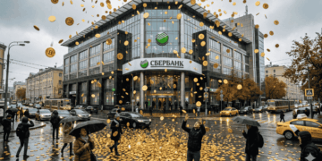 Una lluvia de bitcoin cae sobre una sucursal de Sberbank.