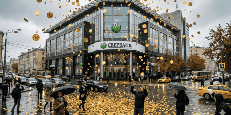 Una lluvia de bitcoin cae sobre una sucursal de Sberbank.
