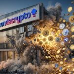 Edificio desplomándose con el logo de ZondaCrypto, y del edificio saliendo bitcoin y criptomonedas.