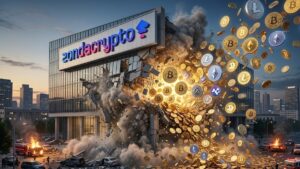 Edificio desplomándose con el logo de ZondaCrypto, y del edificio saliendo bitcoin y criptomonedas.