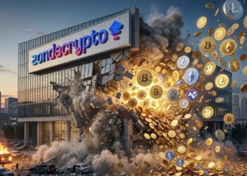 Edificio desplomándose con el logo de ZondaCrypto, y del edificio saliendo bitcoin y criptomonedas.