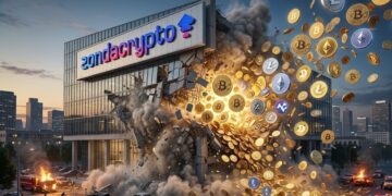 Edificio desplomándose con el logo de ZondaCrypto, y del edificio saliendo bitcoin y criptomonedas.
