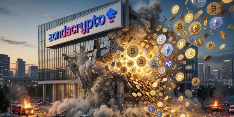 Edificio desplomándose con el logo de ZondaCrypto, y del edificio saliendo bitcoin y criptomonedas.
